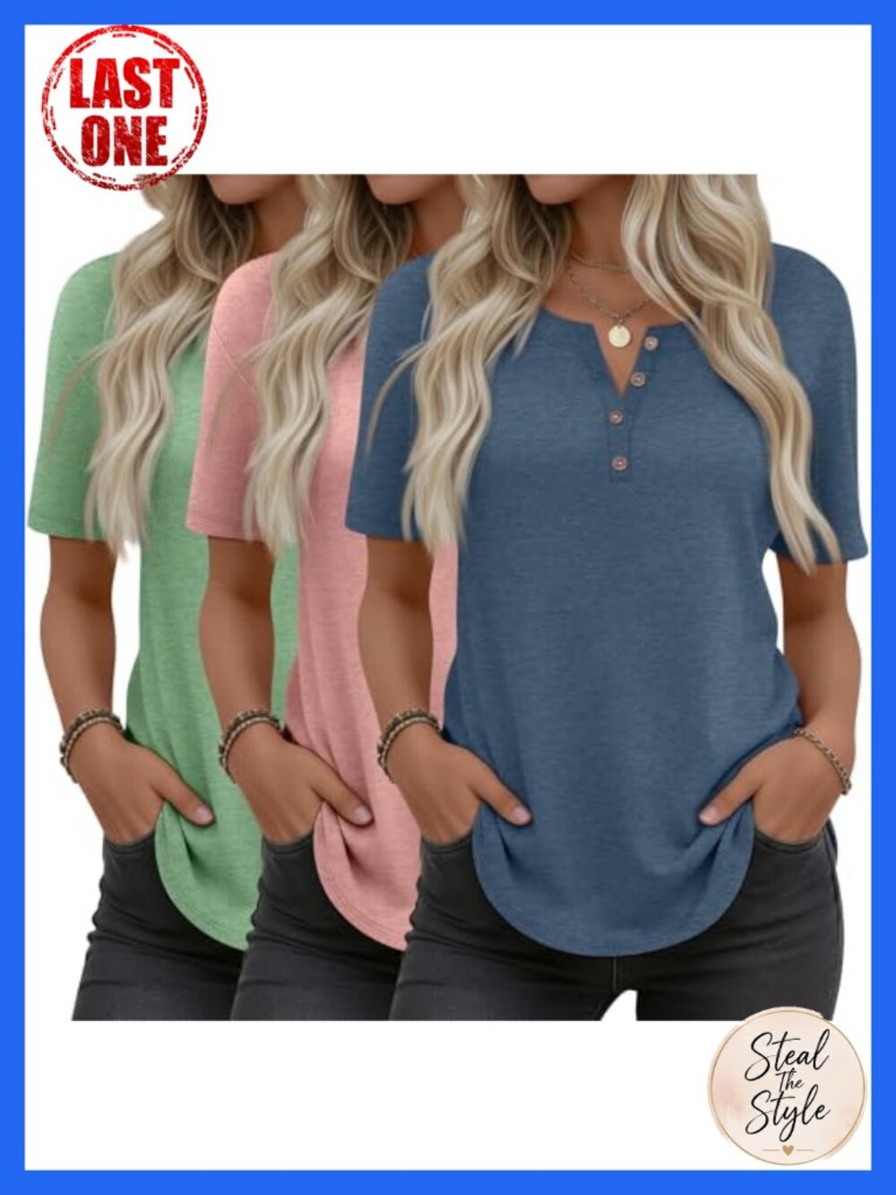 3 Pack Women's Henley Shirts Tunic Tops Loose Fit Curved Hem Short Sleeve - Picture 1 of 6